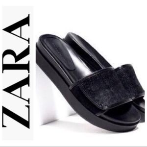 Zara Black Calf Hair Platform Slide Sandals